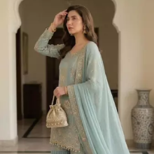 Sea green georgette embroidered sharara set stitched